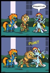 Size: 547x794 | Tagged: safe, artist:niban-destikim, edit, applejack, rainbow dash, spitfire, earth pony, pegasus, pony, applejack's hat, bipedal, blonde mane, blonde tail, blue coat, blue wings, clothes, comic, detailed background, dialogue, dress, exploitable meme, female, females only, freckles, gala dress, gala meme, goggles, grand galloping gala, hat, mare, meme, multicolored hair, multicolored tail, onomatopoeia, open mouth, orange coat, raised hoof, raised leg, smiling, speech bubble, spread wings, trio, two toned mane, two toned tail, underhoof, wings, wonderbolts, wonderbolts uniform, yellow coat