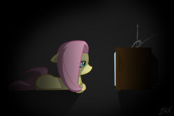 Size: 1200x800 | Tagged: safe, artist:bluexcanary, fluttershy, pegasus, pony, dark, solo, television