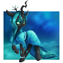 Size: 1210x1200 | Tagged: safe, artist:blazemizu, queen chrysalis, changeling, changeling queen, beautiful, clothes, kimono (clothing), lidded eyes, raised hoof, simple background, solo, transparent background