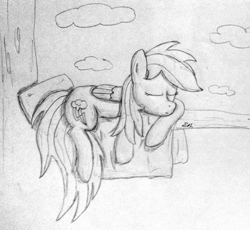 Size: 2116x1944 | Tagged: safe, artist:robony6, derpibooru import, rainbow dash, pegasus, pony, atg 2017, monochrome, newbie artist training grounds, sleeping, solo, traditional art, tree, tree branch