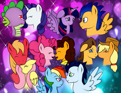 Size: 2797x2143 | Tagged: safe, artist:allythewolffy98, derpibooru import, applejack, big macintosh, caramel, cheese sandwich, flash sentry, fluttershy, pinkie pie, rainbow dash, rarity, soarin', spike, twilight sparkle, twilight sparkle (alicorn), alicorn, dragon, earth pony, pegasus, pony, unicorn, carajack, cheesepie, female, flashlight, fluttermac, male, mane seven, mane six, mare, shipping, soarindash, sparity, straight