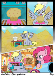 Size: 1200x1650 | Tagged: safe, artist:tikyotheenigma, derpy hooves, pinkie pie, earth pony, pegasus, pony, comic, crossover, cupcake, easy bake, female, food, mare, muffin, party cannon