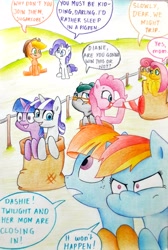 Size: 2128x3176 | Tagged: safe, artist:mustachedbain, derpibooru import, applejack, cloudy quartz, fluttershy, pinkie pie, posey shy, rainbow dash, rarity, twilight sparkle, twilight velvet, windy whistles, earth pony, pegasus, pony, unicorn, atg 2017, dialogue, family, mane six, newbie artist training grounds, race, sack, traditional art