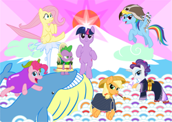 Size: 1915x1354 | Tagged: safe, artist:oikumin, derpibooru import, applejack, fluttershy, pinkie pie, rainbow dash, rarity, spike, twilight sparkle, dragon, earth pony, hawk, pegasus, pony, unicorn, whale, eggplant, hatsuyume, mane seven, mane six, mount fuji, pixiv