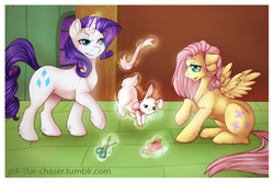 Size: 1000x667 | Tagged: safe, artist:vella, angel bunny, fluttershy, rarity, pegasus, pony, unicorn, female, horn, mare