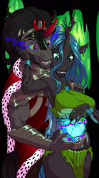 Size: 1000x1780 | Tagged: safe, artist:tyelle, king sombra, queen chrysalis, anthro, changeling, changeling queen, unicorn, armpits, chrysombra, crystal heart, female, male, p<3nies, shipping, stallion, straight
