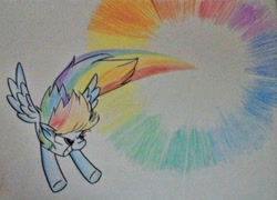 Size: 927x669 | Tagged: safe, artist:rozzertrask, derpibooru import, rainbow dash, pegasus, pony, atg 2017, flying, newbie artist training grounds, solo, sonic rainboom, traditional art