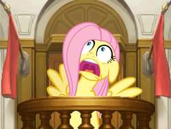 Size: 799x600 | Tagged: safe, edit, fluttershy, pegasus, pony, ace attorney, courtroom, crossover, panic, witness