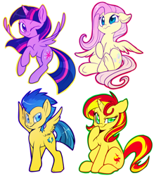 Size: 1280x1397 | Tagged: safe, artist:lustrous-dreams, flash sentry, fluttershy, sunset shimmer, twilight sparkle, twilight sparkle (alicorn), alicorn, pegasus, pony, female, flying, mare, spread wings, wink