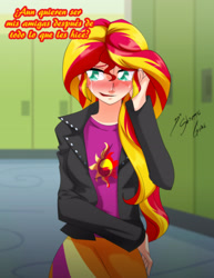 Size: 2153x2786 | Tagged: safe, artist:shinta-girl, sunset shimmer, equestria girls, blushing, crying, forgiveness, humanized, solo, spanish, translated in the comments