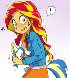 Size: 350x386 | Tagged: dead source, safe, artist:baekgup, sunset shimmer, equestria girls, rainbow rocks, adorkable, blushing, cheerleader outfit, clothes, cute, dork, embarrassed, exclamation point, female, open mouth, pony ears, shimmerbetes, simple background, skirt, solo, sweater, white background, wondercolts