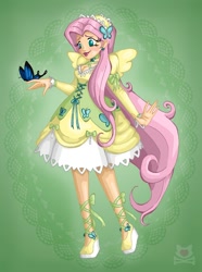 Size: 745x1000 | Tagged: safe, artist:lillykitten, fluttershy, cleavage, clothes, dress, female, gala dress, humanized, solo