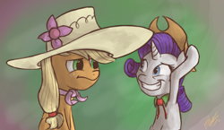 Size: 1703x987 | Tagged: safe, artist:waywardtrail, artist:zestyoranges, applejack, rarity, earth pony, pony, unicorn, accessory swap, female, hat, lesbian, rarijack, shipping