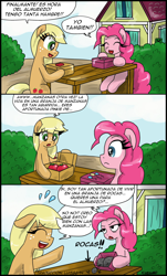 Size: 900x1494 | Tagged: safe, artist:ciriliko, artist:innuendo88, applejack, pinkie pie, earth pony, pony, creeper, spanish, translation