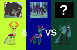 Size: 933x600 | Tagged: safe, pharynx, queen chrysalis, thorax, bear, changedling, changeling, changeling queen, to change a changeling, triple threat, bear thorax, changeling king, changeling mega evolution, king thorax, prince pharynx