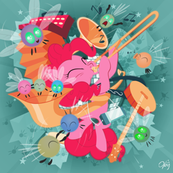 Size: 1240x1240 | Tagged: dead source, safe, artist:olegsavoskin, pinkie pie, earth pony, parasprite, pony, swarm of the century, accordion, banjo, eyes closed, female, harmonica, mare, musical instrument, singing, solo, sousaphone, trombone, tuba