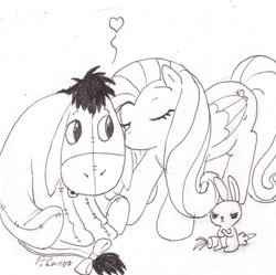 Size: 442x441 | Tagged: safe, angel bunny, fluttershy, pegasus, pony, carrot, crossed arms, eeyore, eeyoreshy, female, food, heart, kissing, male, mare, pencil drawing, shipping, signature, straight, traditional art