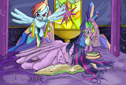 Size: 1977x1339 | Tagged: safe, artist:thesouthernnerd, derpibooru import, rainbow dash, spike, twilight sparkle, twilight sparkle (alicorn), alicorn, dragon, pegasus, pony, cymbals, prank, sleeping, this will not end well