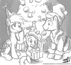 Size: 800x733 | Tagged: safe, artist:johnjoseco, derpy hooves, dinky hooves, doctor whooves, pegasus, pony, christmas, female, grayscale, hearth's warming eve, mare, monochrome