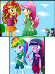 Size: 1877x2527 | Tagged: safe, artist:vixelzf, fluttershy, rainbow dash, sunset shimmer, twilight sparkle, twilight sparkle (alicorn), alicorn, equestria girls, blushing, cleavage, clothes, dress, female, implied flutterdash, implied sunsetdash, implied sunsetsparkle, implied twishy, jealous, skirt