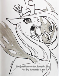 Size: 921x1179 | Tagged: safe, artist:alienfirst, queen chrysalis, changeling, changeling queen, female, grayscale, monochrome, open mouth, sharp teeth, solo, teeth, traditional art