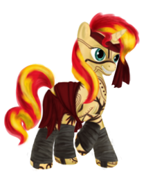 Size: 1088x1216 | Tagged: safe, artist:kwendynew, sunset shimmer, pony, angra mainyu, avenger, bandana, clothes, crossover, fate/hollow ataraxia, fate/stay night, leg wraps, raised hoof, simple background, solo, tattoo, transparent background