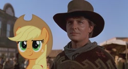 Size: 1280x694 | Tagged: safe, applejack, human, pony, back to the future, irl, marty mcfly, michael j. fox, photo, ponies in real life, smirk, vector