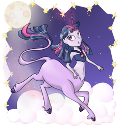 Size: 800x850 | Tagged: safe, artist:otterlore, derpibooru import, twilight sparkle, centaur, classical unicorn, ponytaur, belly button, blushing, centaur twilight, cloud, horned humanization, humanized, leonine tail, magic, moon, simple background, species swap, transparent background