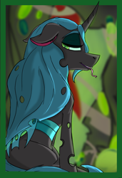 Size: 4550x6650 | Tagged: safe, artist:lula-moonarts, queen chrysalis, changeling, changeling queen, absurd resolution, floppy ears, looking back, smiling, solo, tongue out