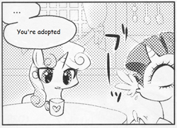 Size: 546x395 | Tagged: safe, rarity, sweetie belle, pony, unicorn, ..., adopted offspring, exploitable meme, female, many many pony, meme, monochrome, mug, spit take, you're adopted