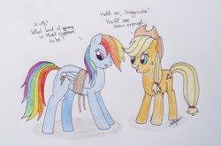 Size: 1000x659 | Tagged: safe, artist:shikogo, applejack, rainbow dash, earth pony, pegasus, pony, photo, rope, traditional art