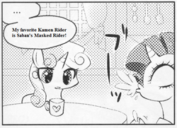 Size: 546x395 | Tagged: safe, rarity, sweetie belle, pony, unicorn, ..., exploitable meme, female, filly, kamen rider, many many pony, mare, meme, monochrome, mug, saban's masked rider, spit take, text