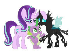 Size: 2592x1936 | Tagged: safe, artist:squipycheetah, spike, starlight glimmer, thorax, changeling, dragon, pony, unicorn, the times they are a changeling, cute, fangs, female, floppy ears, forgiveness, friendshipping, glimmerbetes, happy, hug, looking down, looking up, male, mare, raised hoof, simple background, smiling, spikelove, standing, thorabetes, transparent background, trio, vector