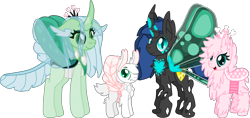 Size: 3042x1441 | Tagged: safe, artist:casanova-mew, queen chrysalis, oc, oc only, oc:fluffle puff, oc:holey flutteby, changedling, changeling, changeling queen, hybrid, canon x oc, changedlingified, chrysipuff, female, interspecies offspring, lesbian, magical lesbian spawn, offspring, parent:oc:fluffle puff, parent:queen chrysalis, parents:canon x oc, parents:chrysipuff, purified chrysalis, shipping, simple background, transparent background