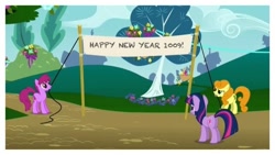 Size: 720x405 | Tagged: safe, derpibooru import, berry punch, berryshine, carrot top, golden harvest, twilight sparkle, new year