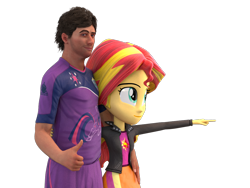 Size: 1040x780 | Tagged: safe, artist:3d thread, artist:creatorofpony, sunset shimmer, twilight sparkle, oc, oc:>rape, equestria girls, /mlp/, 3d, 3d model, 4chan cup, >rape, blender, clothes, cutie mark, jacket, looking at you, pointing, shirt, shorts, skirt, smiling, smirk, thumbs up, uniform