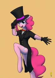 Size: 754x1080 | Tagged: safe, artist:btbunny, pinkie pie, anthro, unguligrade anthro, clothes, frock coat, hat, magician outfit, top hat, tuxedo