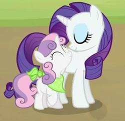 Size: 292x283 | Tagged: safe, screencap, rarity, sweetie belle, pony, unicorn, sisterhooves social, cropped, cute, duo, eyes closed, neckerchief