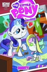 Size: 900x1366 | Tagged: safe, artist:sibsy, idw, rarity, sweetie belle, pony, unicorn, idw micro series, baby, baby belle, baby pony, comic cover, cover, filly, foal, gem, mouth hold, needle, official comic, sewing, younger