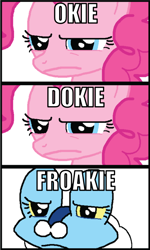 Size: 500x831 | Tagged: safe, pinkie pie, earth pony, pony, female, froakie, mare, pink coat, pink mane, pokémon, pun