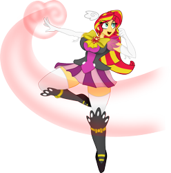 Size: 1217x1229 | Tagged: safe, artist:lil miss jay, artist:sketchy brush, sunset shimmer, collaboration, equestria girls, boots, bow, breasts, clothes, evening gloves, female, magic, magical girl, magical sunset-chan, red hair, simple background, skirt, socks, solo, sunset jiggler, transparent background, uniform, vector, vector trace