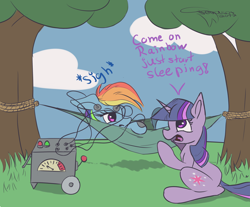 Size: 3092x2559 | Tagged: safe, artist:ferasor, derpibooru import, rainbow dash, twilight sparkle, unicorn twilight, pegasus, pony, unicorn, atg 2017, dialogue, duo, electrode, hammock, newbie artist training grounds, tree