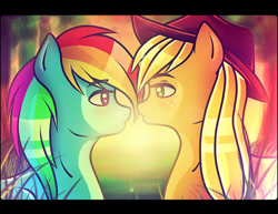 Size: 1024x791 | Tagged: safe, artist:crazyrainbow0, applejack, rainbow dash, earth pony, pegasus, pony, appledash, female, imminent kissing, lesbian, shipping