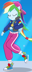 Size: 415x920 | Tagged: safe, derpibooru import, screencap, rainbow dash, dance magic, equestria girls, spoiler:eqg specials, backwards ballcap, baseball cap, cap, clothes, converse, cropped, ear piercing, eyes closed, female, hat, hip hop, medallion, outfit, pants, piercing, ponied up, rapper dash, sexy, shoes, smiling, sneakers, solo