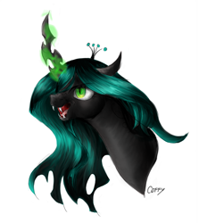 Size: 811x908 | Tagged: dead source, safe, artist:coffytacotuesday, queen chrysalis, changeling, changeling queen, bust, female, magic, portrait, simple background, solo, white background