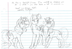 Size: 1000x689 | Tagged: safe, artist:kourabiedes, starlight glimmer, sunset shimmer, twilight sparkle, twilight sparkle (alicorn), alicorn, pony, introduction, lined paper, monochrome, pencil drawing, sketch, traditional art