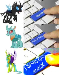 Size: 416x525 | Tagged: safe, cornicle, queen chrysalis, changedling, changeling, changeling queen, changeling drama, deep fried meme, drama, exploitable meme, keyboard, meme, needs more jpeg, purified chrysalis, upgrade, upgrade meme, vulgar