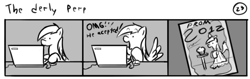 Size: 802x253 | Tagged: safe, artist:tetrapony, derpy hooves, pegasus, pony, comic:the daily derp, background pony, clothes, computer, dress, female, food, laptop computer, mare, muffin, omg, prom, the derly perp