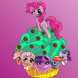 Size: 5000x5000 | Tagged: safe, artist:ashesadrigaadfingo, derpibooru import, applejack, fluttershy, pinkie pie, rainbow dash, rarity, twilight sparkle, earth pony, pegasus, pony, unicorn, absurd resolution, cupcake, food, giant cupcake, heart eyes, mane six, mouth hold, wingding eyes, wooden spoon