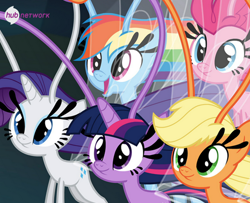 Size: 492x399 | Tagged: safe, derpibooru import, screencap, applejack, pinkie pie, rainbow dash, rarity, twilight sparkle, twilight sparkle (alicorn), alicorn, breezie, it ain't easy being breezies, applebreezie, breezie pie, breeziefied, mane six, open mouth, rainbow breez, rarbreez, smiling, species swap, the hub, twilight breezie